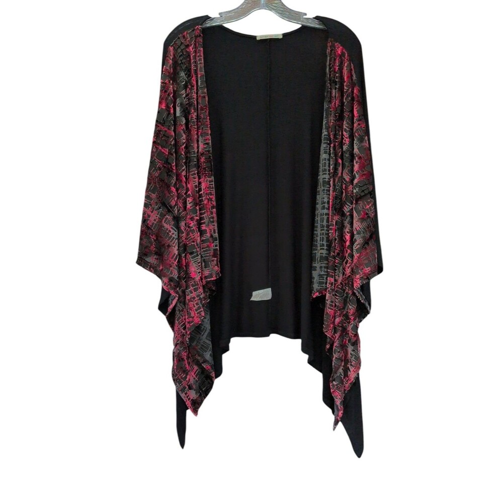 Tua Black Red Burnout Velvet Kimono Cardigan Open Front Size L Lightweight USA